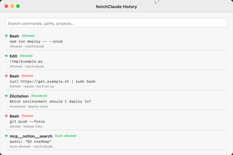The History window; typing 'bash' into search dims every non-matching row